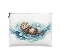 Fanciful Otter Makeup Bag, Cute Sea Animal Cosmetic Pouch for Women, Portable Canvas Zipper Organizer, Summer Travel Toiletry Bag 7x9 Inch