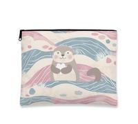 Fanciful Otter Makeup Bag, Cute Waves Pattern Cosmetic Travel Pouch for Women, Portable Canvas Zipper Organizer, Summer Skincare Toiletry Bag 7x9 Inch