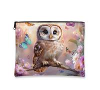 Fanciful Owl Makeup Bag, Colorful Butterfly Floral Cosmetic Pouch for Women, Portable Canvas Zipper Toiletry Organizer, Spring Travel Essentials, Multicolor, 7x9 Inch, Owl