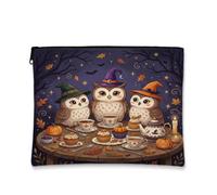 Fanciful Owl Tea Party Owls Halloween Makeup Bag 7x9 Inch | Witch Hat Design, Cosmetic Bag, Tea Party Theme, Autumn Leaves, Pumpkins Accents, Fanciful Rustic Aesthetic