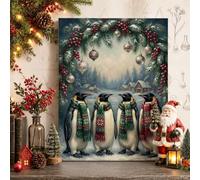 Fanciful Penguin Winter Village Scene Christmas Canvas Wall Art 8x12