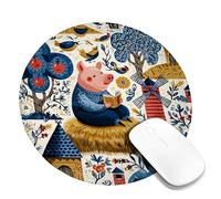 Fanciful Pig Reading Farm Mouse Pad, Blue Red Cute Animal Design, Cozy Country Style for Home Office, Non-Slip Washable Gaming Mouse Mat Round 8x8 Inch