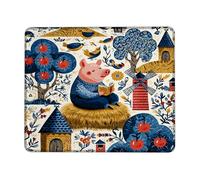 Fanciful Pig Reading Farm Mouse Pad, Blue Red Cute Animal Design, Cozy Country Style for Home Office, Non-Slip Washable Gaming Mouse Mat Square 8x10 Inch