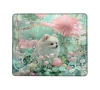 Fanciful Pomeranian Mouse Pad, Soft Peach and Green Watercolor Fungi Design, Stitched Edge Mousepad, Rubber Non-Slip and Washable for Home and Office Use Square 8x10 Inch