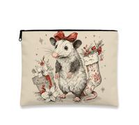 Fanciful Possum Makeup Bag, Vintage Christmas Floral Cosmetic Pouch for Women, Portable Canvas Zipper Organizer for Holiday Travel 7x9 Inch