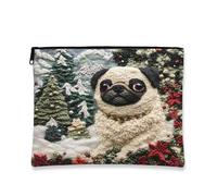 Fanciful Pug Makeup Bag, Festive Dog Holiday Cosmetic Travel Pouch for Women, Portable Small Canvas Zipper Organizer, Winter Skincare Toiletry Bag 7x9 Inch