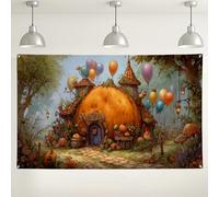 Fanciful Pumpkin Cottage Wall Backdrop, Cute Fantasy Garden Decor for Parties, Enchanted Outdoor Theme for Fall Celebrations 71x43 Inch