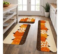 Fanciful Pumpkin Kitchen Mats for Floor, Orange Decor Soft Mats, Cushioned Comfort Washable Non Slip Rugs for Kitchen Sinks Laundryroom Bathroom 3Pcs