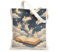 Fanciful Rabbit Canvas Tote Bags, Magical Bunny Print Reusable Grocery Bags, Vintage Lightweight Washable Shoulder Strap fo