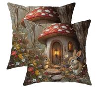 Fanciful Rabbit Pillow Covers Set of 2, Red Mushroom Art Decorative Throw Pillows, Spring Farmhouse Cushion Covers for Living Room Sofa Bedroom Decor 16x16 Inch