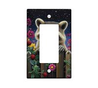 Fanciful Raccoon Light Switch Cover Plate, Night Sky Design with Colorful Flowers, Perfect for Kids Room Decor, Standard Thermoplastic Wall Plates Single Rocker