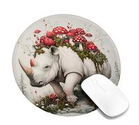 Fanciful Red Mushroom Rhino Mouse Pad, Vibrant Nature Art Non-Slip Gaming Mousepad, Perfect for Home and Office Use, Ideal Gift for Wildlife Lovers Round 8x8 Inch