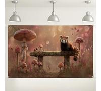 Fanciful Red Panda Forest Backdrop, Cute Mushroom Garden Photography Background, Enchanted Nature Scene for Parties & Events, Autumn Seasonal Decor 71x43 Inch