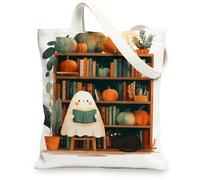 Fanciful Reusable Canvas Tote Bags Cute Ghost Design Lightweight Washable Canvas Tote Bags with Shoulder Strap for Sho, white, 13x15 Inch