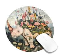 Fanciful Rhino Landscape Mouse Pad, Soft Pastel Colorful Wildlife Design Stitched Edge Mousepad, Rubber Non-Slip Washable Gaming Mouse Pad for Home and Office Desk Round 8x8 Inch