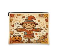Fanciful Scarecrow Autumn Illustration Halloween Makeup Bag 7x9 Inch | Autumn Leaves, Cosmetic Bag, Smiling Ghosts, Trick-or-treat Candy, Fanciful Illustration, Seasonal Storage