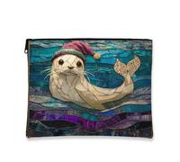 Fanciful Seal Cosmetic Bag, Mosaic Pattern Travel Pouch for Women, Portable Zipper Makeup Organizer, Holiday Skincare Toiletry Case 7x9 Inch