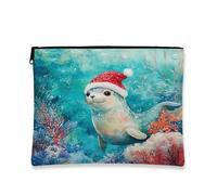 Fanciful Seal Makeup Bag, Festive Christmas Cosmetic Pouch for Women, Portable Canvas Zipper Organizer, Holiday Skincare Toiletry Bag 7x9 Inch