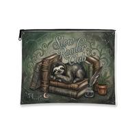 Fanciful Sloth Makeup Bag, Vintage Reader Club Cosmetic Pouch for Women, Portable Canvas Zipper Organizer, Perfect for Travel and Daily Use, Green, 7x9 Inch, Sloth