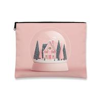 Fanciful Snow Globe Cosmetic Bag, Vintage Peach House Travel Pouch for Women, Portable Canvas Zipper Organizer, Winter Holiday Toiletry Bag, Peach, 7x9 Inch