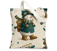 Fanciful Snow Man Canvas Tote Bags, Vintage Holiday Pattern Reusable Grocery Bags, Lightweight Washable Shoulder Strap for Shopping Travel 13x15 Inch