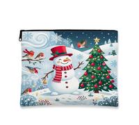 Fanciful Snow Man Christmas Scene Makeup Bag 7x9 Inch | Fanciful Winter Scene, Makeup Zipper Pouch, Decorated Pine Tree, Festive Red Scarf, Charming Robin Birds, Snowy Landscape