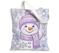 Fanciful Snow Man Winter Holiday Christmas Canvas Tote Bag 13x15 Inch | Snowflake Patterns, Holiday Ornaments, Holly Leaves, Cozy Winter Accessories, Seasonal Mood