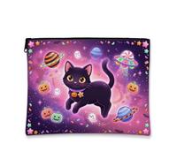 Fanciful Space Cat Halloween Makeup Bag 7x9 Inch | Fanciful Space Theme, Cosmetic Bag, Cosmic Cat Illustration, Vibrant Violet Nebulae Background, Compact Travel Organizer