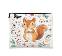 Fanciful Squirrel Makeup Bag, Cute Animal Floral Cosmetic Pouch for Women, Portable Canvas Zipper Organizer, Spring Travel Toiletry Bag, White, 7x9 Inch, Squirrel