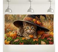 Fanciful Tabby Cat Witch Hat Autumn Decor Backdrop Banner 71x43 Inch | Witch Hat Design, Photo Backdrop, Harvest Foliage Accents, Rustic Mossy Ground, Woodland Aesthetic, Seasonal Wall Decoration