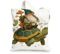 Fanciful Turtle Canvas Tote Bags, Cute Gnome Design Reusable Shopping Bags, Lightweight Washable Eco-Friendly Canvas Bags f, White, 13x15 Inch
