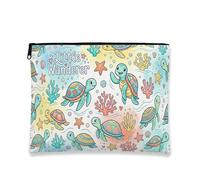 Fanciful Turtle Makeup Bag, Colorful Ocean Creatures Cosmetic Travel Pouch for Women, Portable Small Canvas Zipper Organizer, Summer Beach Skincare Bag, Aqua, 7x9 Inch, Turtle