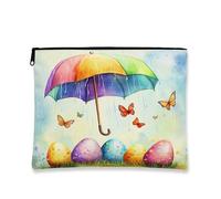 Fanciful Umbrella Makeup Bag, Colorful Butterflies and Easter Eggs Cosmetic Travel Pouch for Women, Portable Canvas Zipper Organizer, Spring Holiday Toiletry Bag 7x9 Inch