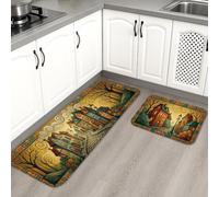 Fanciful Village Landscape Art Houses Kitchen Rugs Sets of 2
