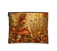 Fanciful Vintage Makeup Bag, Autumn Fairy Cosmetic Travel Pouch for Women, Portable Canvas Zipper Organizer, Fall Skincare Toiletry Bag, Brown, 7x9 Inch, Autumn