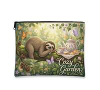 Fanciful Vintage Makeup Bag, Cozy Garden Sloth Cosmetic Travel Pouch for Women, Portable Canvas Zipper Organizer, Spring Floral Toiletry Bag, Green, 7x9 Inch, Garden