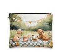 Fanciful Vintage Makeup Bag, Cute Dogs Picnic Cosmetic Travel Pouch for Women, Portable Canvas Zipper Organizer, Summer Outdoor Skincare Toiletry Bag 7x9 Inch