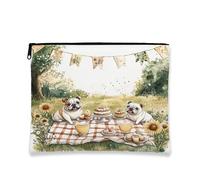 Fanciful Vintage Pug Makeup Bag, Cute Dogs Picnic Cosmetic Travel Pouch for Women, Portable Canvas Zipper Organizer, Summer Picnic Toiletry Bag 7x9 Inch