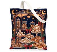 Fanciful Winter Bakery Gingerbread Biscuit Canvas Tote Bag 13x15 Inch | Festive Bakery Scene, Starry Night Motif, Red Bows And Pine Branches, Cozy Winter Ambiance, Seasonal Kitchen Decor