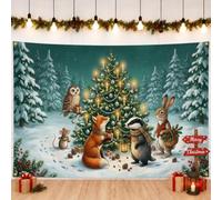 Fanciful Woodland Christmas Scene Foxes Backdrop Banner 71x43 Inch | Forest Animal Motif, Photography Backdrop, Snow-covered Pines, Winter Atmosphere, Seasonal Wall Hanging
