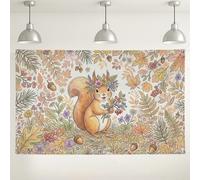 Fanciful Woodland Squirrel Illustration Autumn Backdrop Banner 71x43 Inch | Woodland Theme, Photography Backdrop, Botanical Illustration, Soft Pastel Palette, Rustic Home Decor, Seasonal Wall Hanging