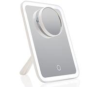 Fancii Rechargeable LED Travel Makeup Mirror with 3 Color Settings - Detachable 10x Magnifying Mirror, Dimmable Touch Light, Adjustable Kickstand, Lighted Portable Vanity Mirror (Aura Go 2)