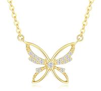 FANCIME 14 Carat Solid Yellow Gold Small Cute Diamond Butterfly Pendant Necklace Dainty Necklace Jewelry Gift For Women Mom Girls, 16+2 inches, Diamond 0.128 cttw