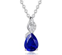 FANCIME 14K Solid White Gold Teardrop September Birthstone Necklace, Sapphire Pendant with Lab-Grown Diamond, Fine Jewellery Birthday Gift for Women, 925 Sterling Silver Chain 16" + 2" Extender