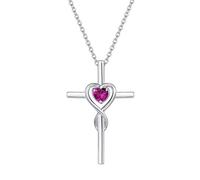 FANCIME 925 Sterling Silver Cross Infinity Heart Pendant Necklace with Created Red Ruby Gemstone Fine Jewellery for Women Girls - Chain Length: 16 + 2 Inch