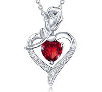 FANCIME 925 Sterling Silver July Birthstone Necklace Rose Heart Pendant Red Ruby Necklace with Fine Jewellery Box Christmas Birthday Valentine's Day Mother's Day Present for Women Mother