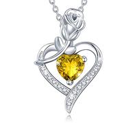 FANCIME 925 Sterling Silver November Birthstone Necklace Rose Heart Natural Citrine Crystal Topaz Necklace with Fine Jewellery Box Christmas Birthday Valentine's Day Mother's Day Present for Women