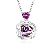 FANCIME Amethyst Necklace Feburary Birthstone Sterling Silver Rose Flower Pendant Necklace Purple Heart Gemstone Fine Jewellery Birthday Christmas Gifts for Her Women Mom