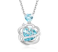 FANCIME Aquamarine Necklace March Birthstone Sterling Silver Rose Flower Pendant Necklace Blue Heart Gemstone Birthday Christmas Fine Jewellery Gifts for Her Women Mom