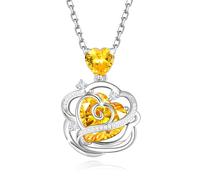 FANCIME Citrine Necklace November Birthstone Sterling Silver Rose Flower Pendant Necklace Yellow Heart Gemstone Fine Jewellery Birthday Christmas Gifts for Women Her Mom
